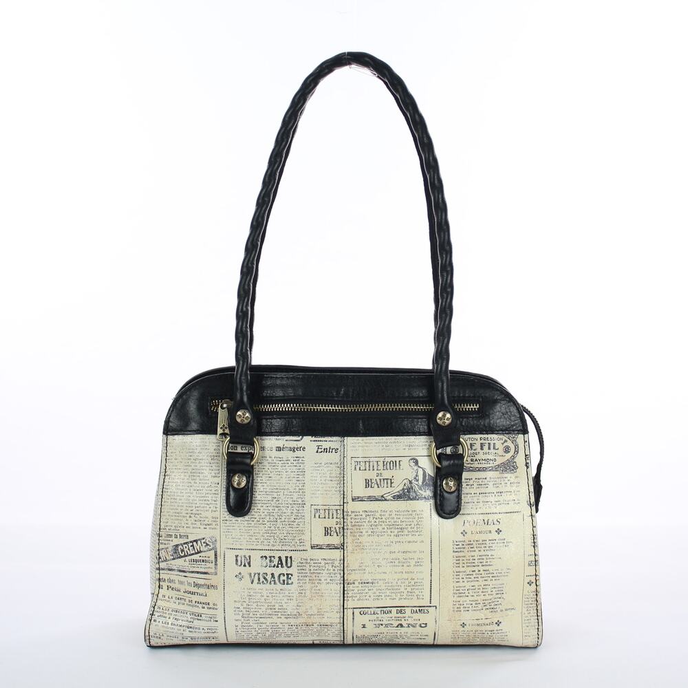 Patricia Nash Calvi Satchel Newspaper Print Leather Shoulder Bag - Picture 2 of 10